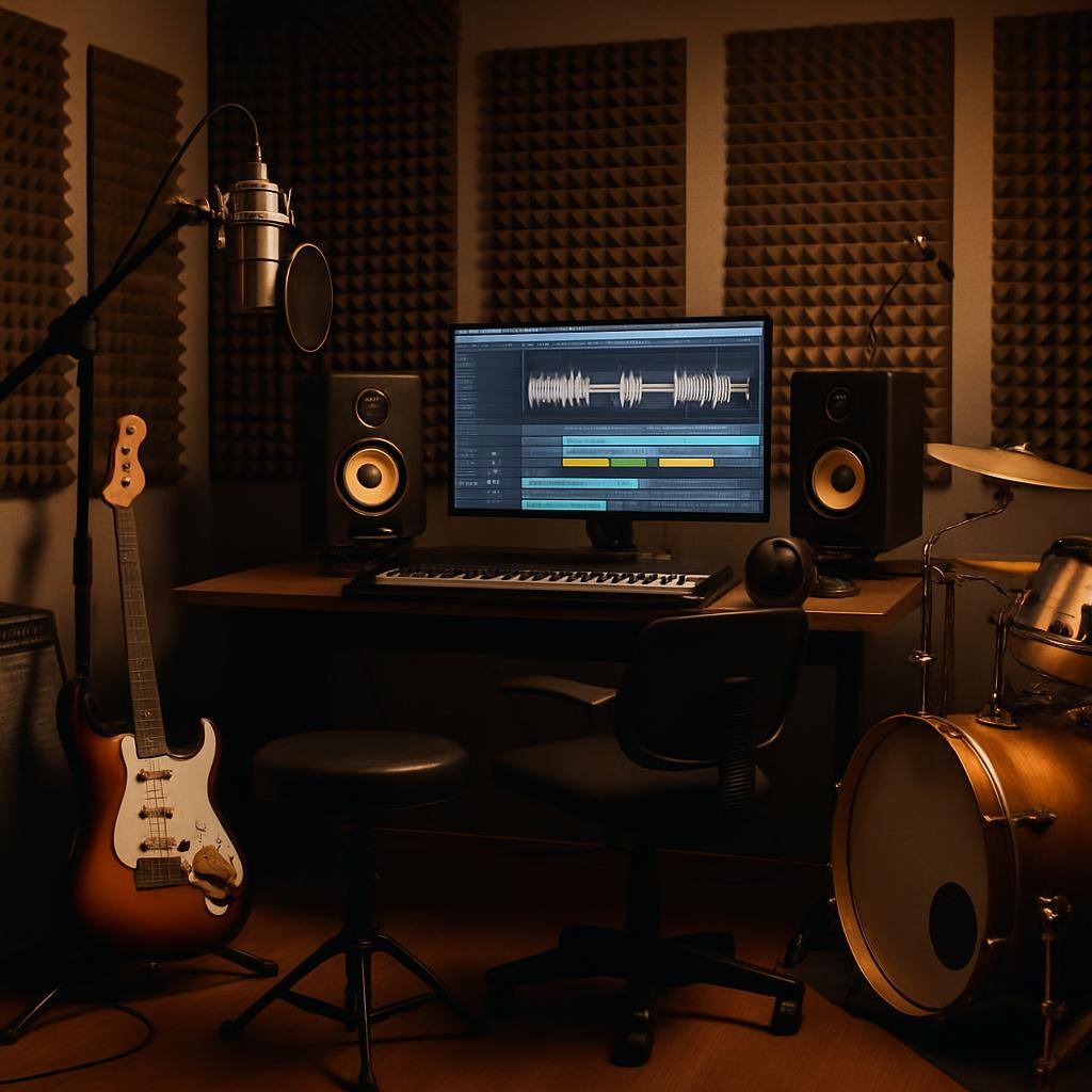 A home recording studio at night with various instruments and mixing equipment.